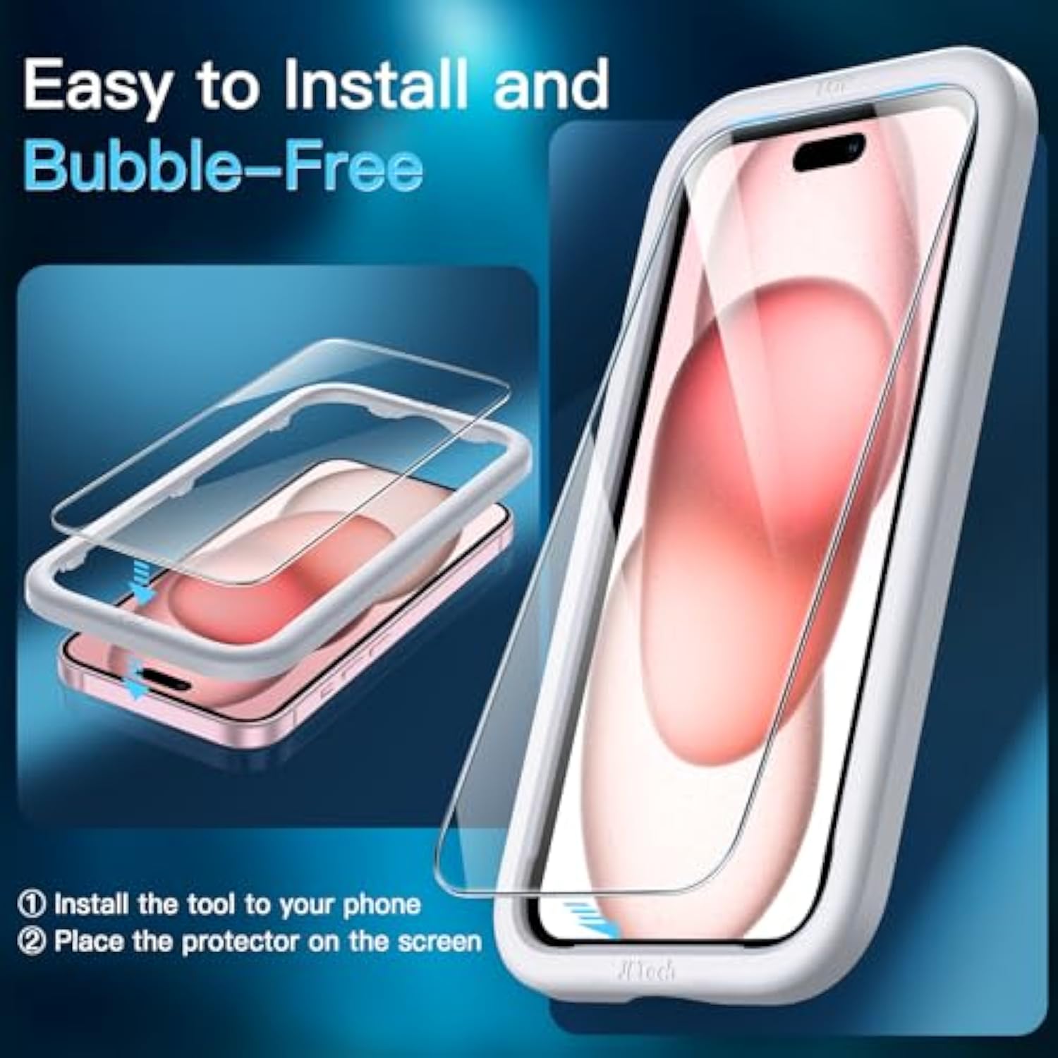 JETech Screen Protector for iPhone 15 6.1-Inch, Bubble Free, Tempered Glass Film with Easy Installation Tool, Case-Friendly, HD Clear, 2-Pack