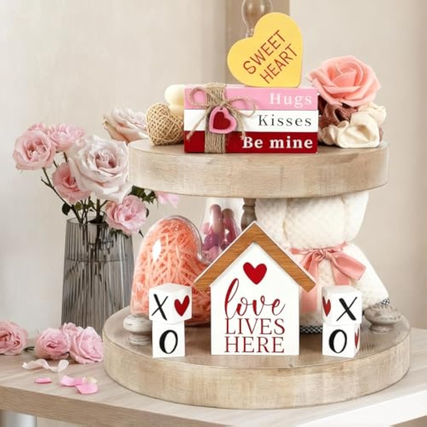 Valentines Day Decorations, Wood Book Stack With Xoxo Blocks For Table Shelf Tiered Tray Decor, Freestanding Valentines Day Decor
