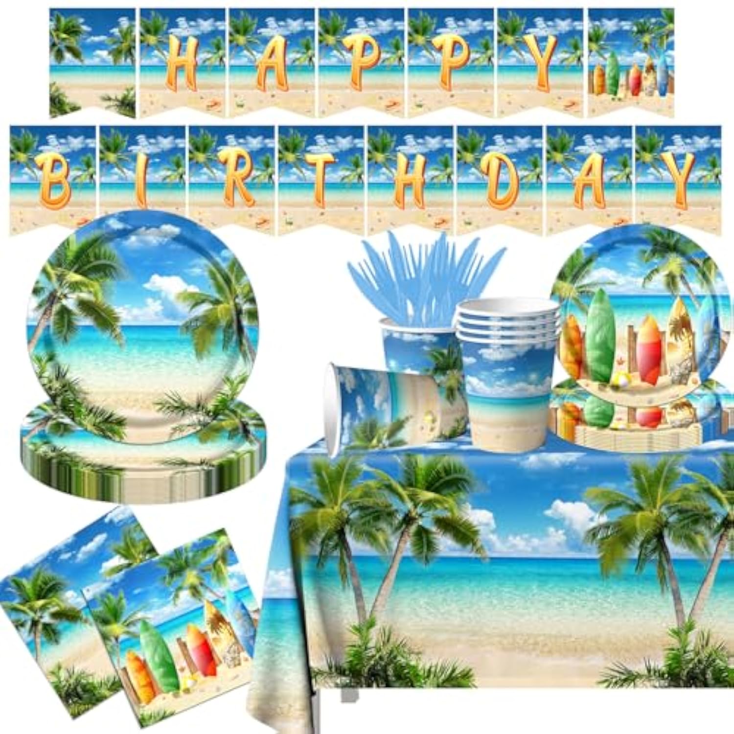 Beach Birthday Party Decorations, 142Pcs Beach Party Paper Plates Napkins Tablecloth For Summer Tropical Hawaiian Party Decorations