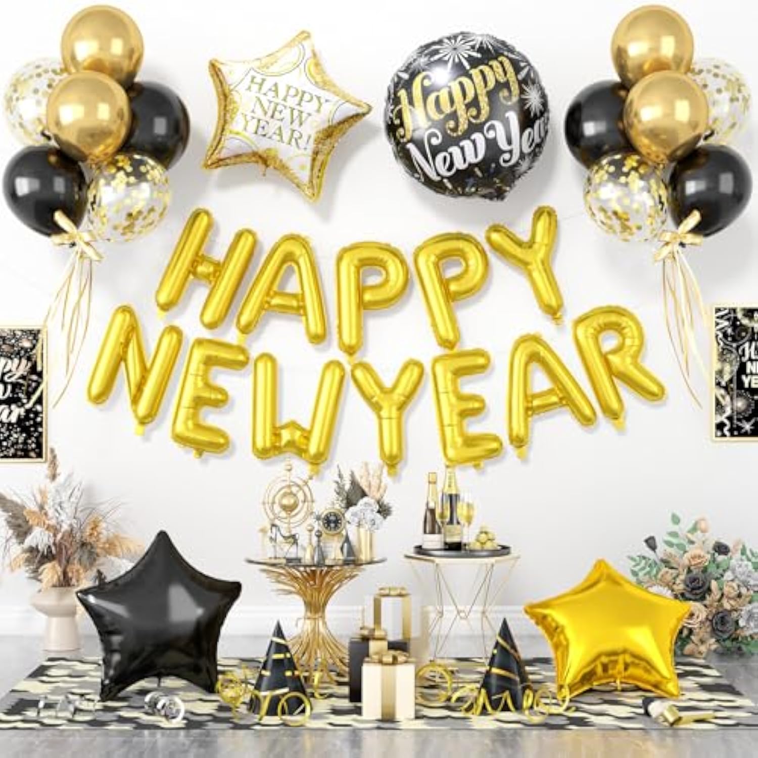 29pc Black & Gold Happy Birthday Balloon Set 16-Inch Letter Banner & Star Foils
