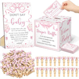 102 Pcs Diaper Raffle Tickets With Raffle Box Baby Shower Party Decorations Don'T Say Baby Sign Clothespin For Gender Reveal Party Invitation Insert Card Theme Game(Pink,Bow)