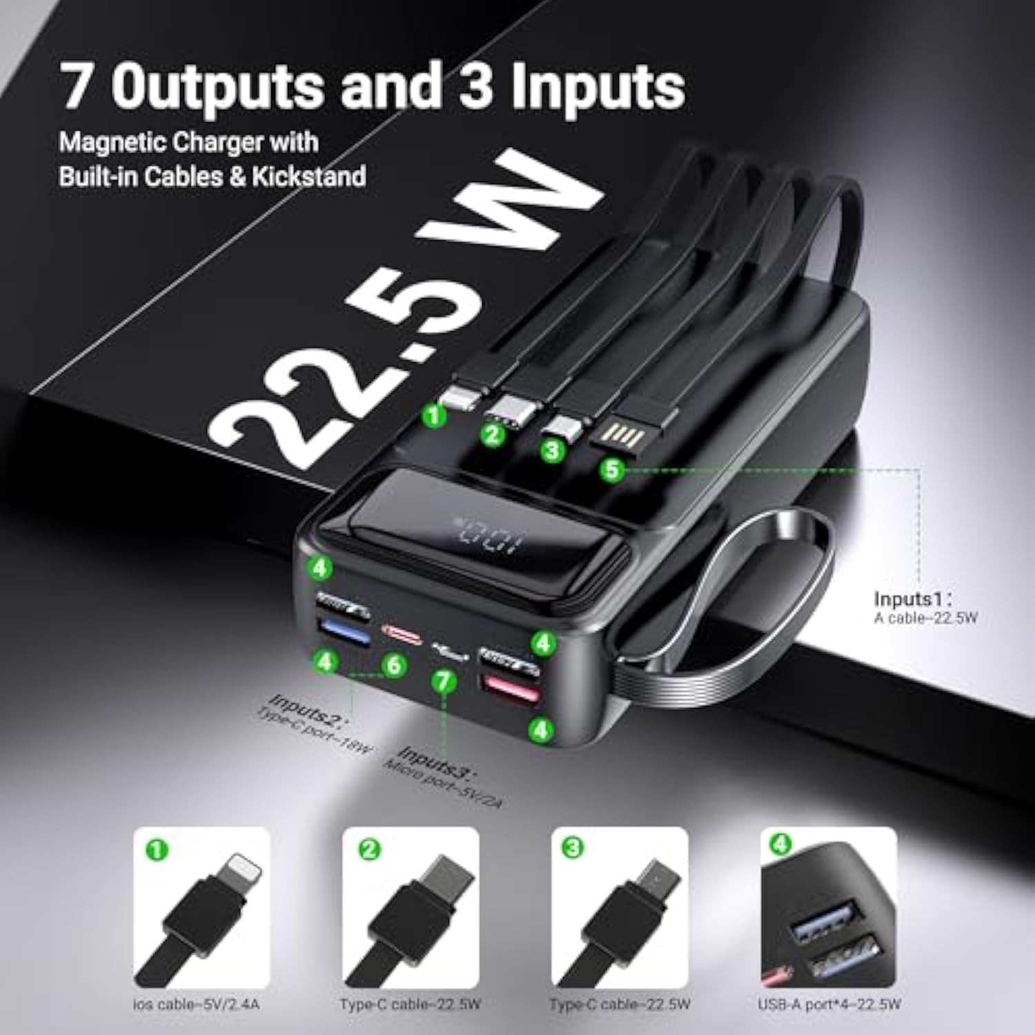 Portable Charger Power Bank 50000Mah- 7 Outputs & 3 Inputs Usb-C Pd 22.5W Fast Charging Powerbank Battery Pack With Built-In Cables And Ports Led Display For Iphone 16 15 14 13 Samsung Android Ipad