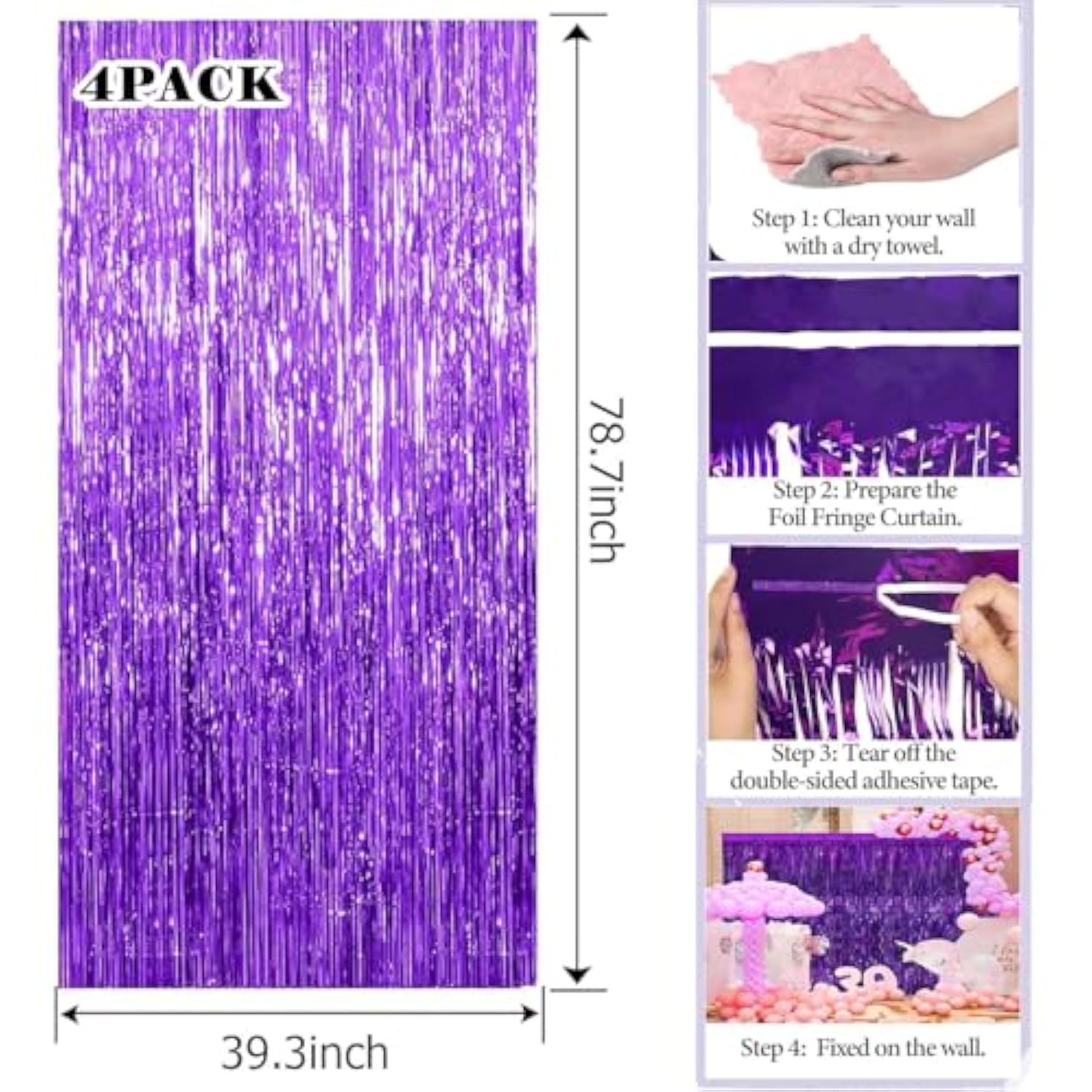 4 Pack Purple Streamers Backdrop Shiny Tinsel Foil Fringe Curtain Metallic Party Decorations Purple Backdrop Door Streamers Birthday Wedding Christmas New Year Graduation Halloween Bachelorette Decor