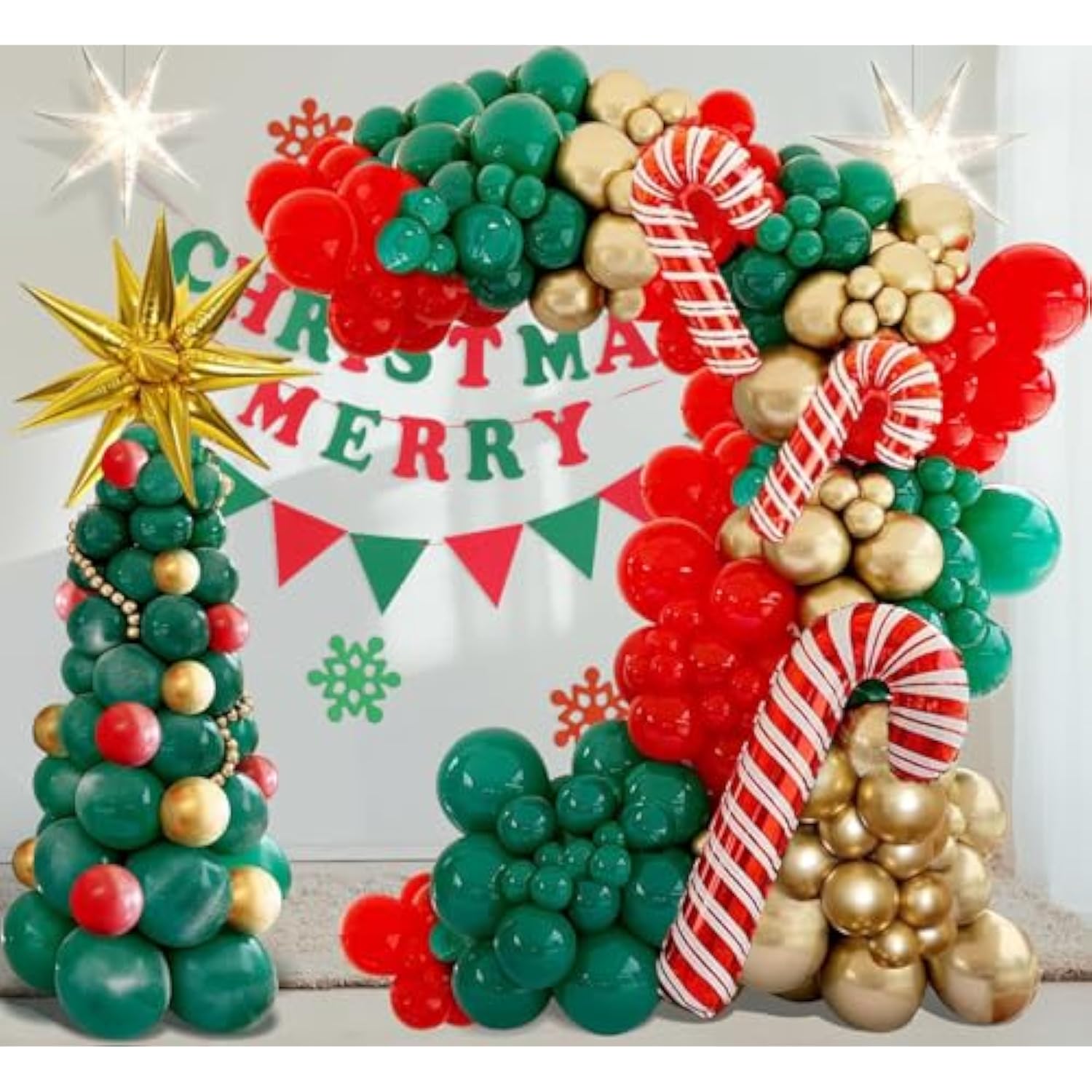 Christmas Balloons Garland Arch Kit With Red Green Gold Tree Candy Cane Golden Water Droplets Exploding Star Balloon For Christmas Party Decorations