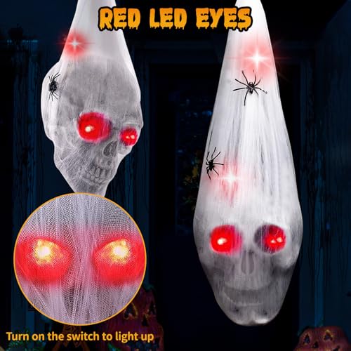 Halloween Decorations Outdoor Indoor 2PCS Hanging Skull with Light up Eyes Spider Web Scary Haunted House Decor Halloween Party Decor Graveyard Decoration