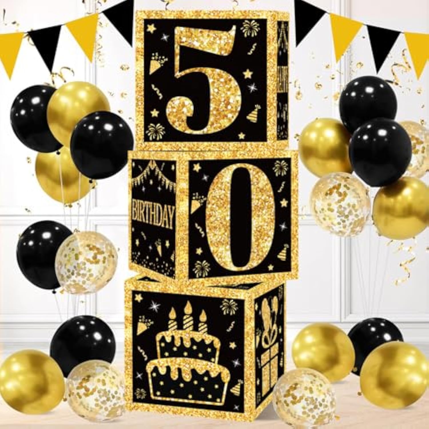 50Th Birthday Decorations Boxes For Men- 3Pcs Black Gold Happy 50Th Birthday Balloons Boxes, 50 Year Old Party Supplies For Men Women
