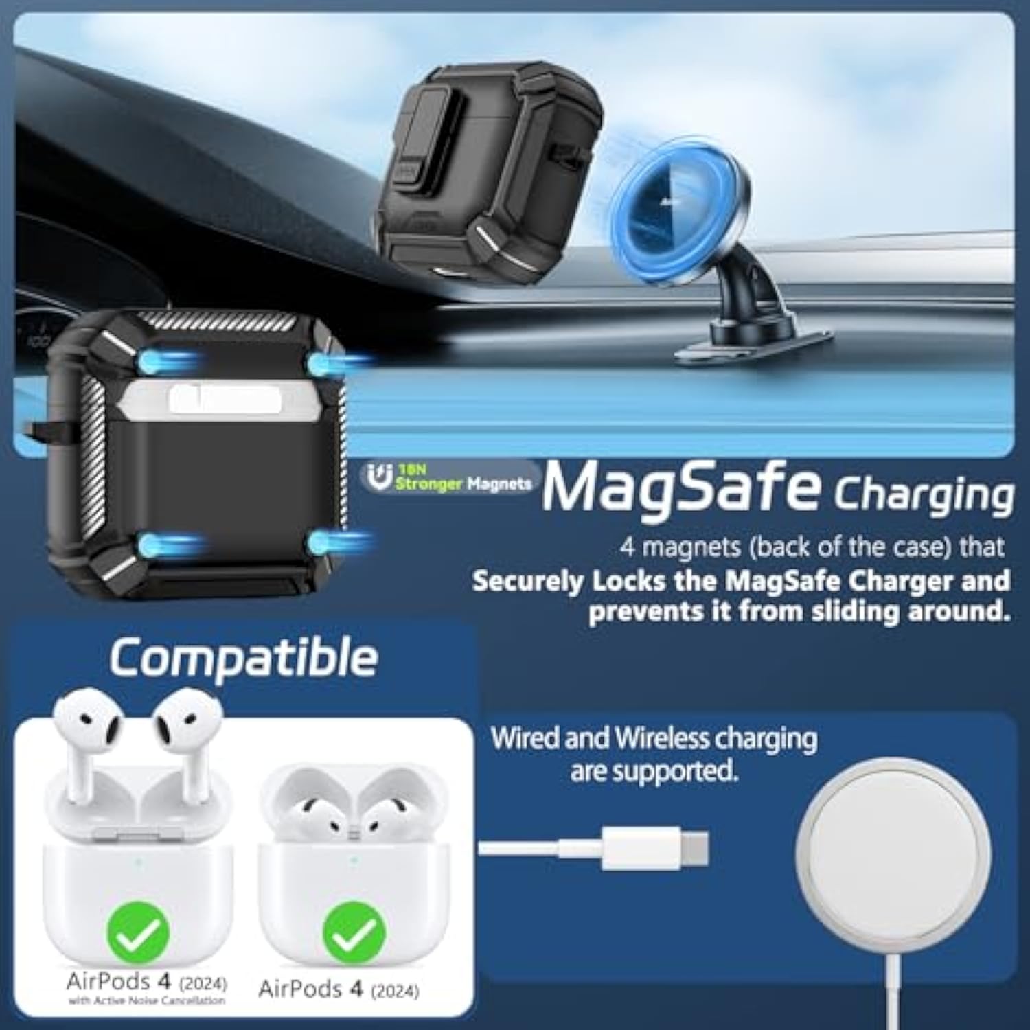 For Airpods 4 Case With Phone Stand, Secure Lock Case For Apple Airpods 4Th Gen 2024 With Cleaning Kit, Compatible With Magsafe, Auto-Open, Military Grade Protective Cover