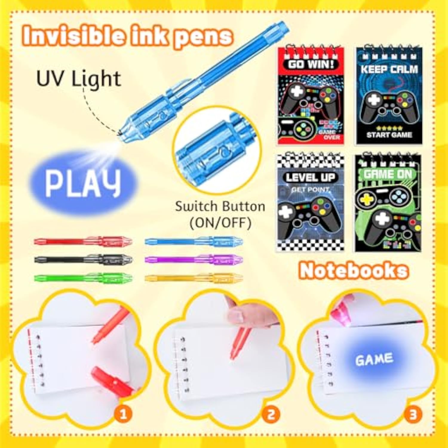 120 Pcs Video Game Party Favors, Gamer Gaming Party Favors - Glasses Invisible Ink Pens Notebooks Drinking Straws Stamps Tattoo Stickers Gift Bags For Game On Birthday Parties Favor Supplies
