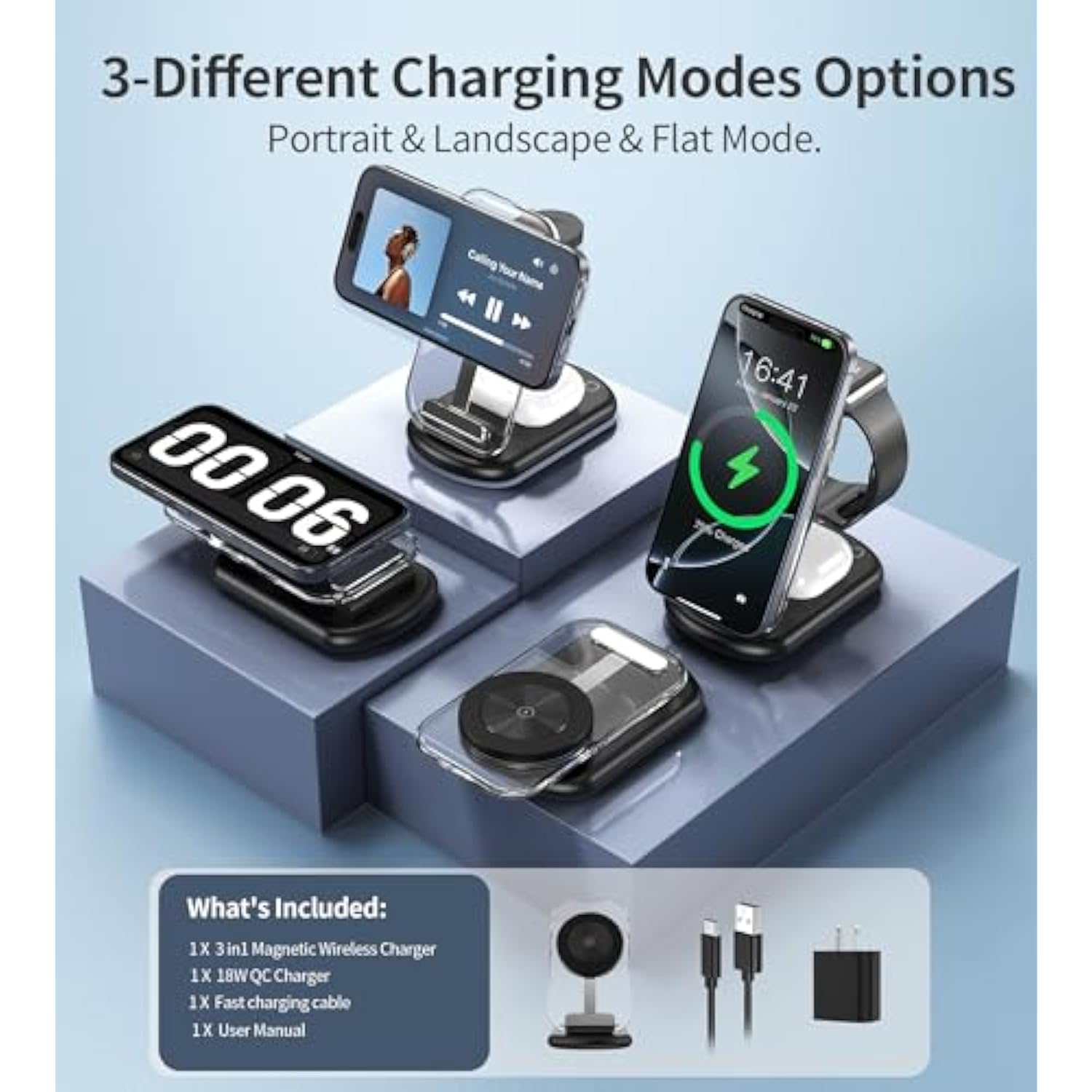 3 In 1 Magnetic Wireless Charging Station For Apple Devices, Fast Foldable Travel Mag-Safe Charger Stand With Night Light For Iphone 16 15 14 13 12 Series, Apple Watch/Airpods Pro