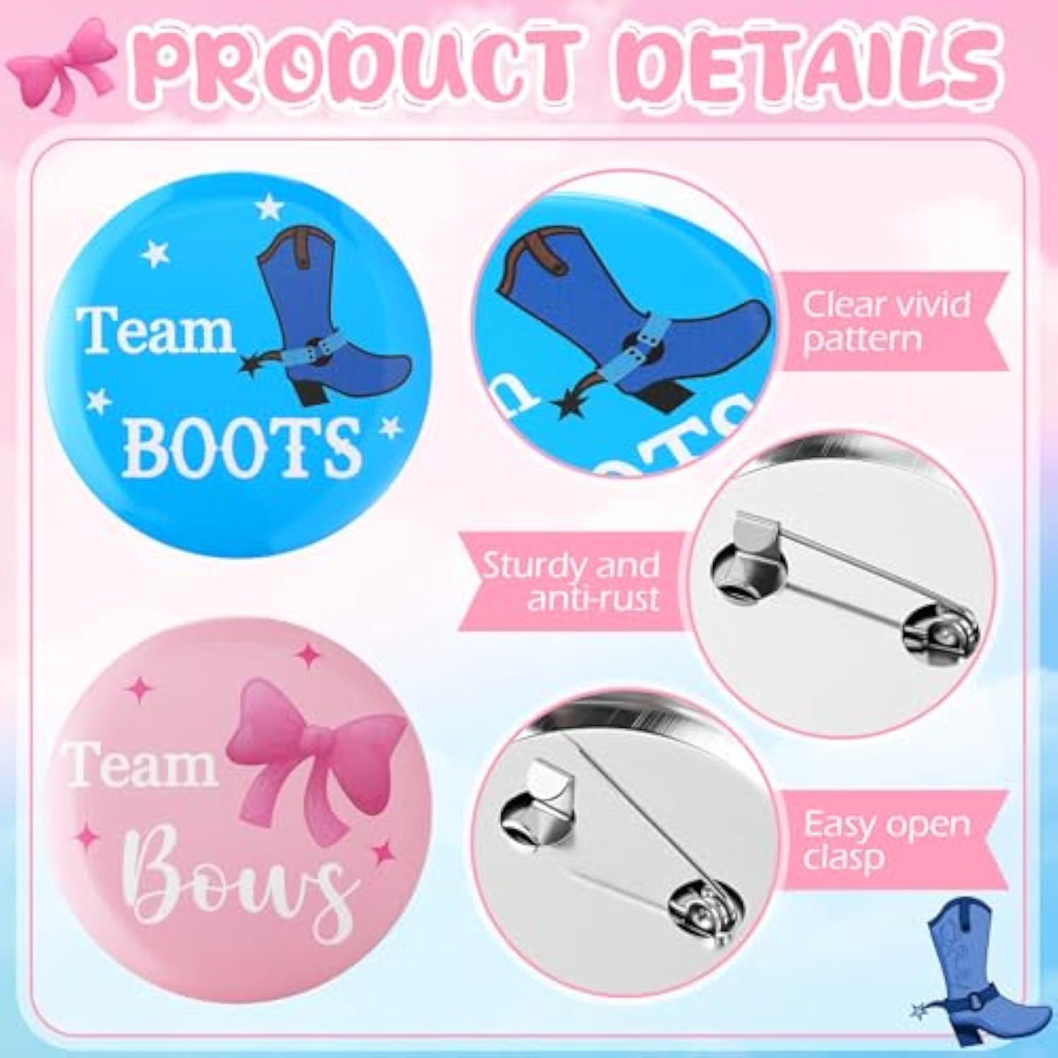 50 Pcs Gender Reveal Button Pins 1.75 Inch Team Boy Or Girl Pins Bulk, Boot Or Bows Gender Reveal Decorations Baby Shower Party Favors For Guests Pink And Blue Badge Supplies