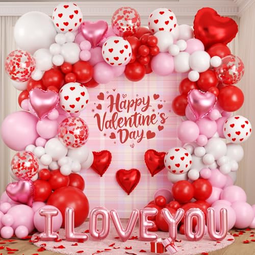 Valentines Day Balloon Garland Arch Kit, Pink Red I Love You Balloons with Rose Petals for Bachelorette Bridal Wedding Engagement Birthday Galentines Romantic Valentines Party Decorations