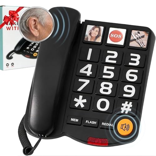 Extra-Loud (110Db) Landline Phone For Seniors & Hearing Impaired - Hearing Aid Compatible, Large Button Corded Phone With 3 Photo Speed Dial, Speakerphone,Easy For Alzheimers Visually Impaired - Black