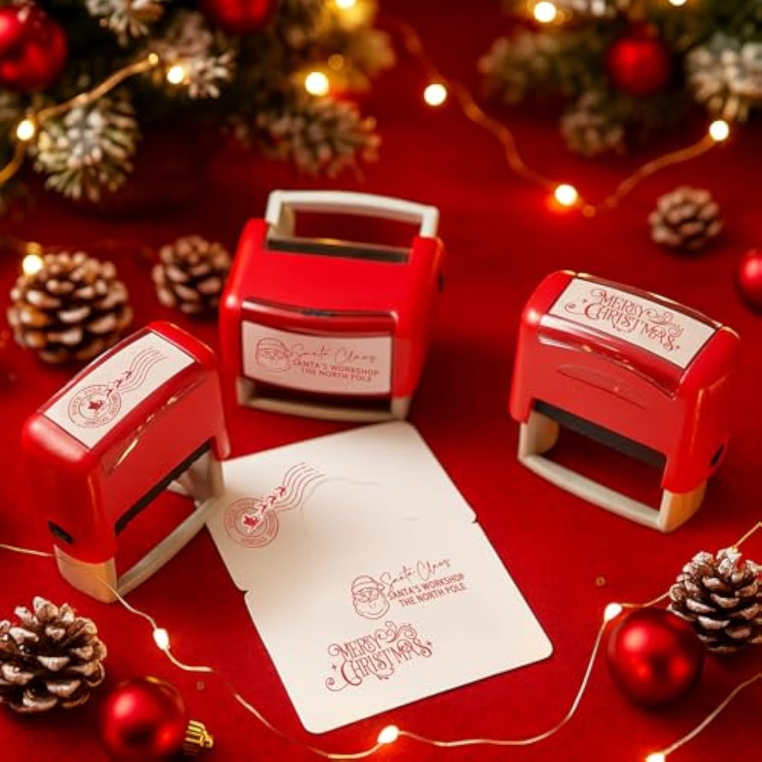 3 Pcs Christmas Self Rubber Stamps With Red Ink North Pole Self Inking Stamp Santa Claus Signature Reindeer Christmas Tag For Adults Office School Party (Red)