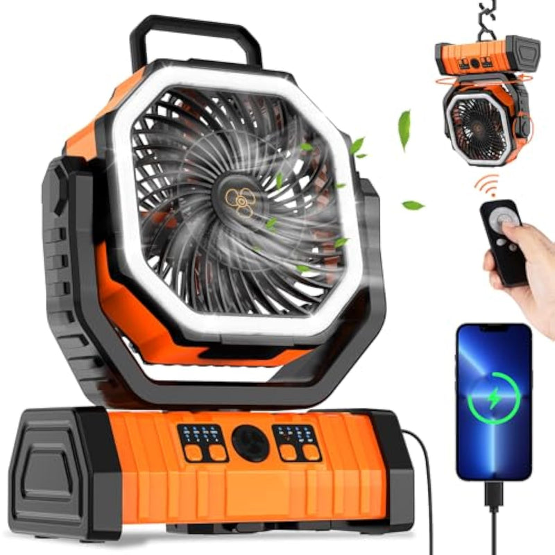Camping Fan Rechargeable, 20000Mah Large Battery Powered Fan, 4Speed Rechargeable Fan Portable With Remote, Battery Operated Fans With Led Light And Hanging Hook, Cordless Fans For Tent Picnic Outdoor