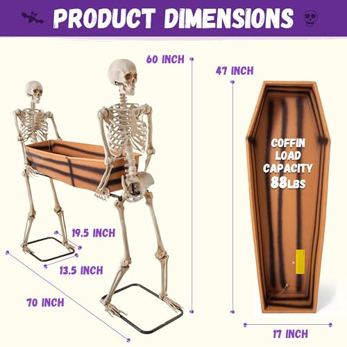 Halloween 5ft Two Skeleton Carrying Coffin Decorations, Poseable Arms Pallbearers, Life Size Skull Decor, Halloween Party Cooler Prop, Outdoor Spooky Graveyard, Indoor Haunted House, Yard Display