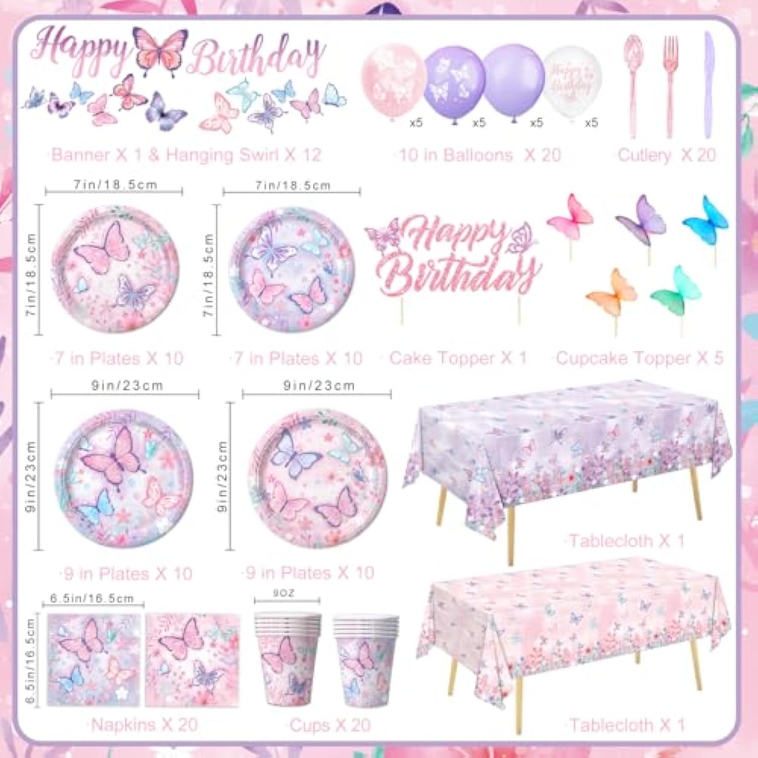 Butterfly Birthday Decorations, Girls Birthday Supplies - Plates, Napkins, Cups, Cutlery, Cake & Cupcake Toppers, Banner, Hanging Swirls, Tablecloth, Balloons For Butterfly Party Decorations, Serve 20