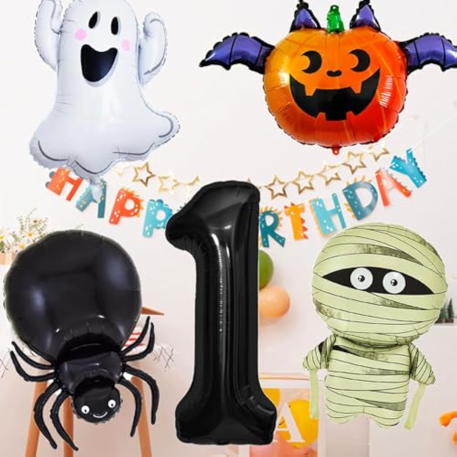 5Pc Halloween Foil Balloon Set – Number 1 with Spider, Pumpkin, Bat & Ghost