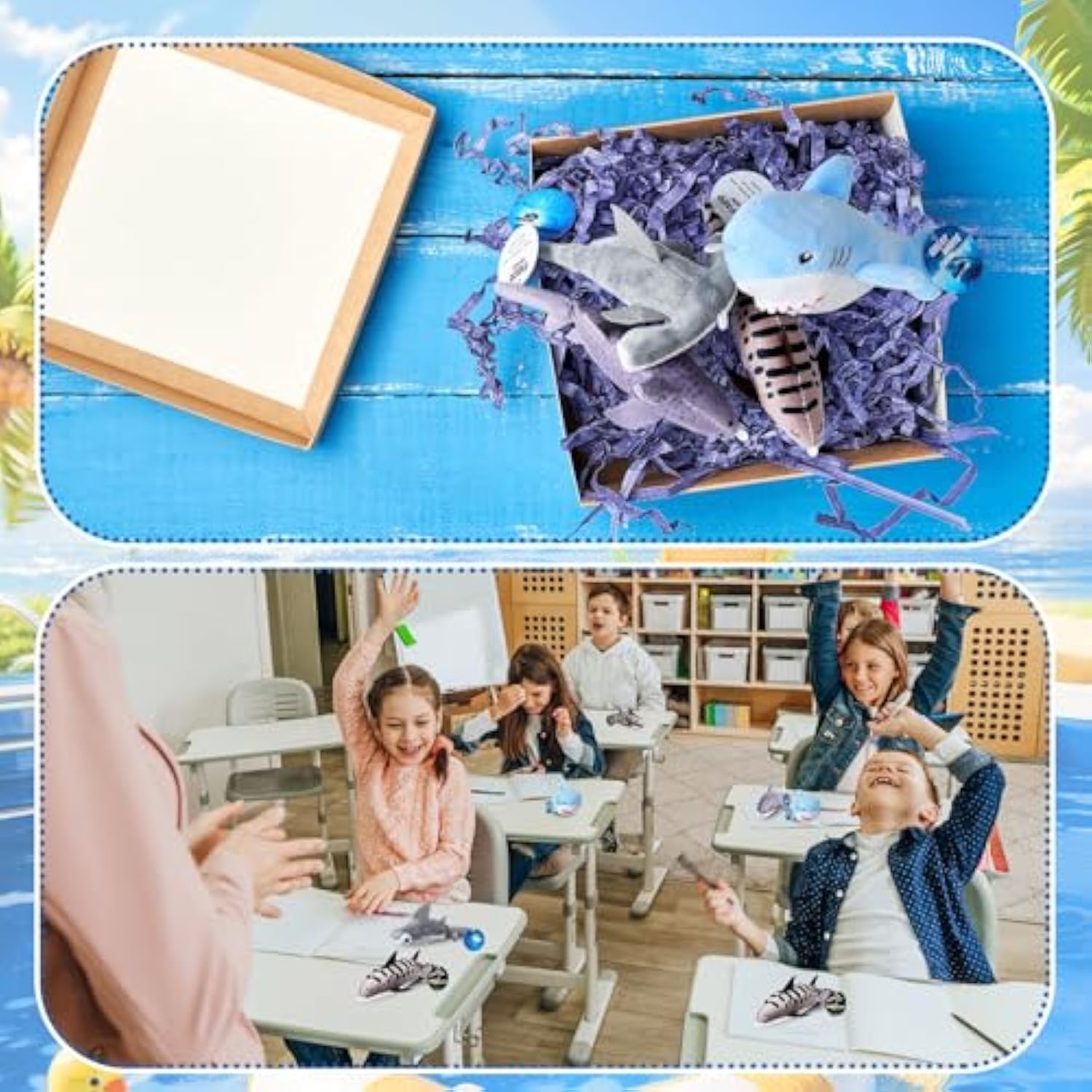 16 Sets Shark Party Favors Mini Shark Stuffed Animal With Lanyard And Educational Cards Sea Animal Plush Bulk For Kids Ocean Party Gifts