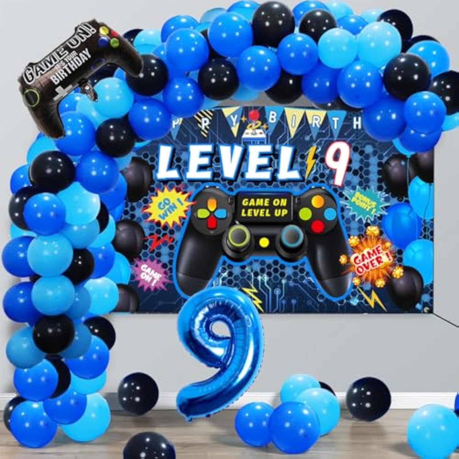 90Pcs Video Game Party Decorations For Boys Set Blue - 9Th Birthday Supplies - Video Game Backdrop, Balloons, Tablecloth, Gamer And 9 Foil Balloons