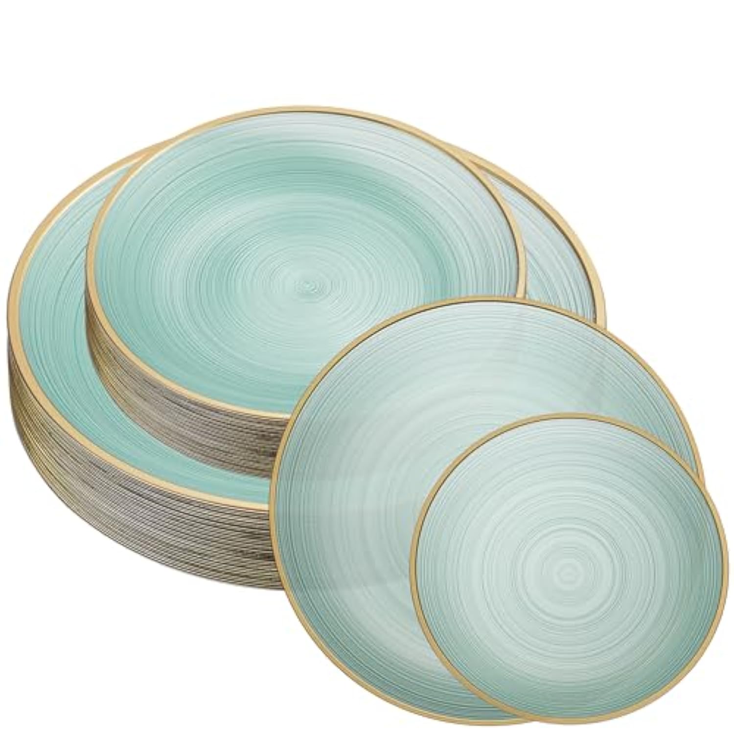 32 Pieces Crystal Design Plastic Plates Combo Pack 7 Inch And 10 Inch Gold Rim Elegant Disposable Plates, Transparent Green