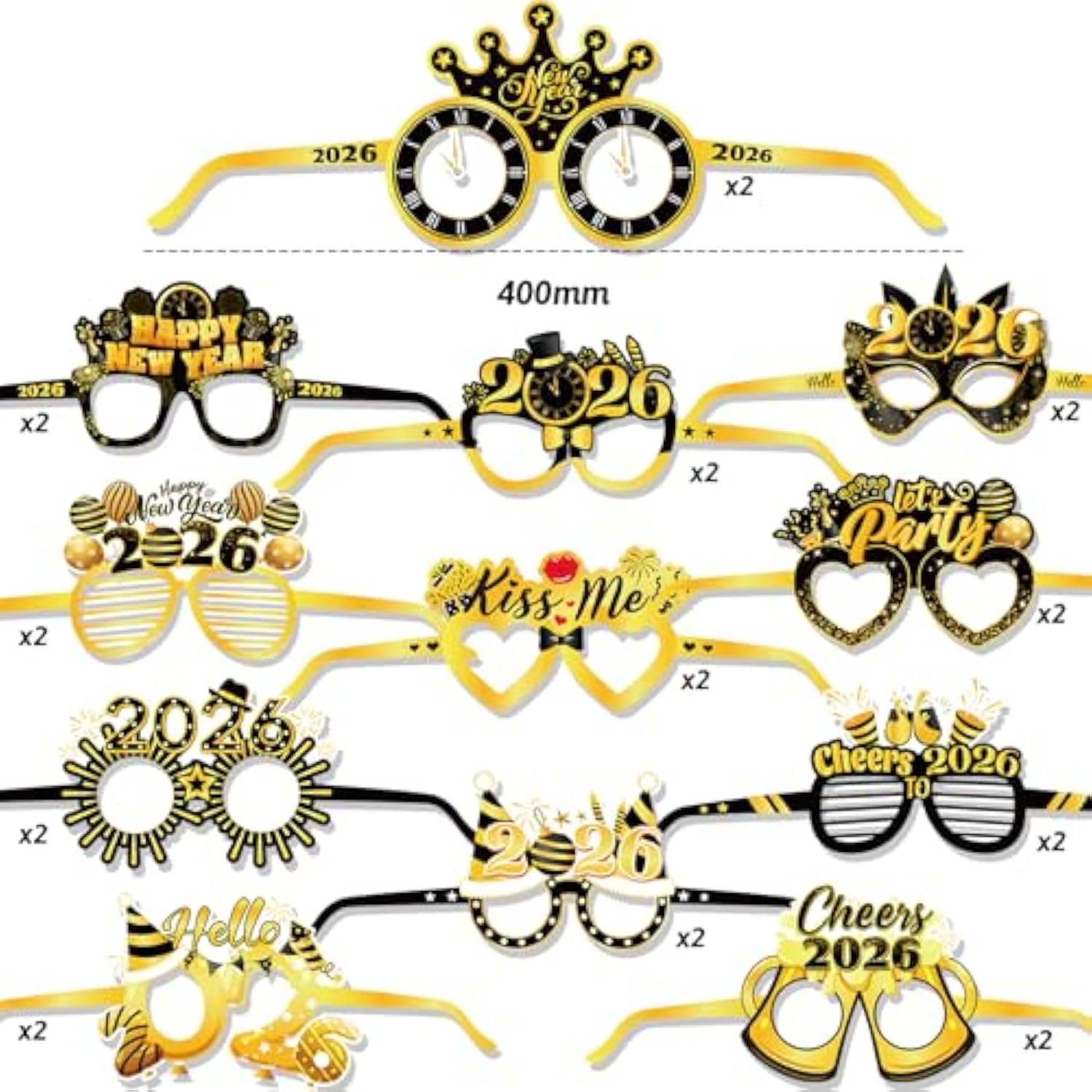 36pcs Black Gold New Year 2026 Party Kit Hats Glasses and Accessories