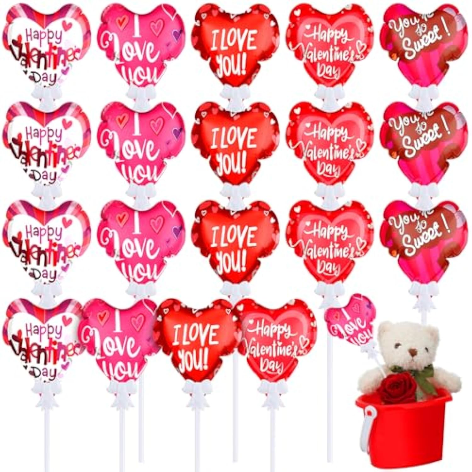 24 Pcs Valentine‘S Day Balloons Self Inflatable Heart Balloons With Bow Rod 4 Inch Valentine Decoration For Wedding Birthday Engagement Party Supplies