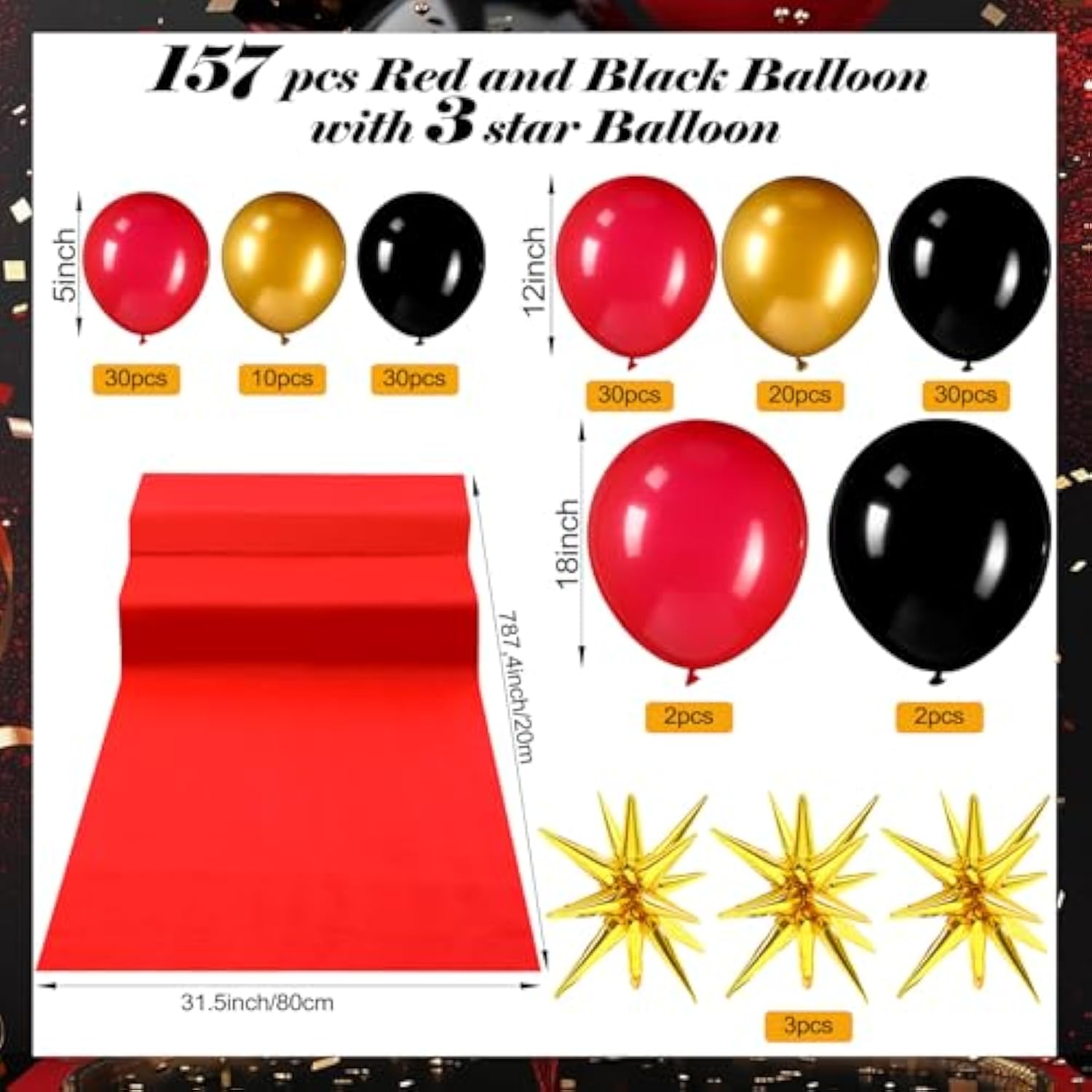 158 Pcs Red Carpet Red Black Gold Balloons Garland Arch Kit With 65 X 2 Ft Carpet 3 Stars And Different Size Balloons For Casino Birthday Las Vegas Night Poker Party New Year'S Eve Movie