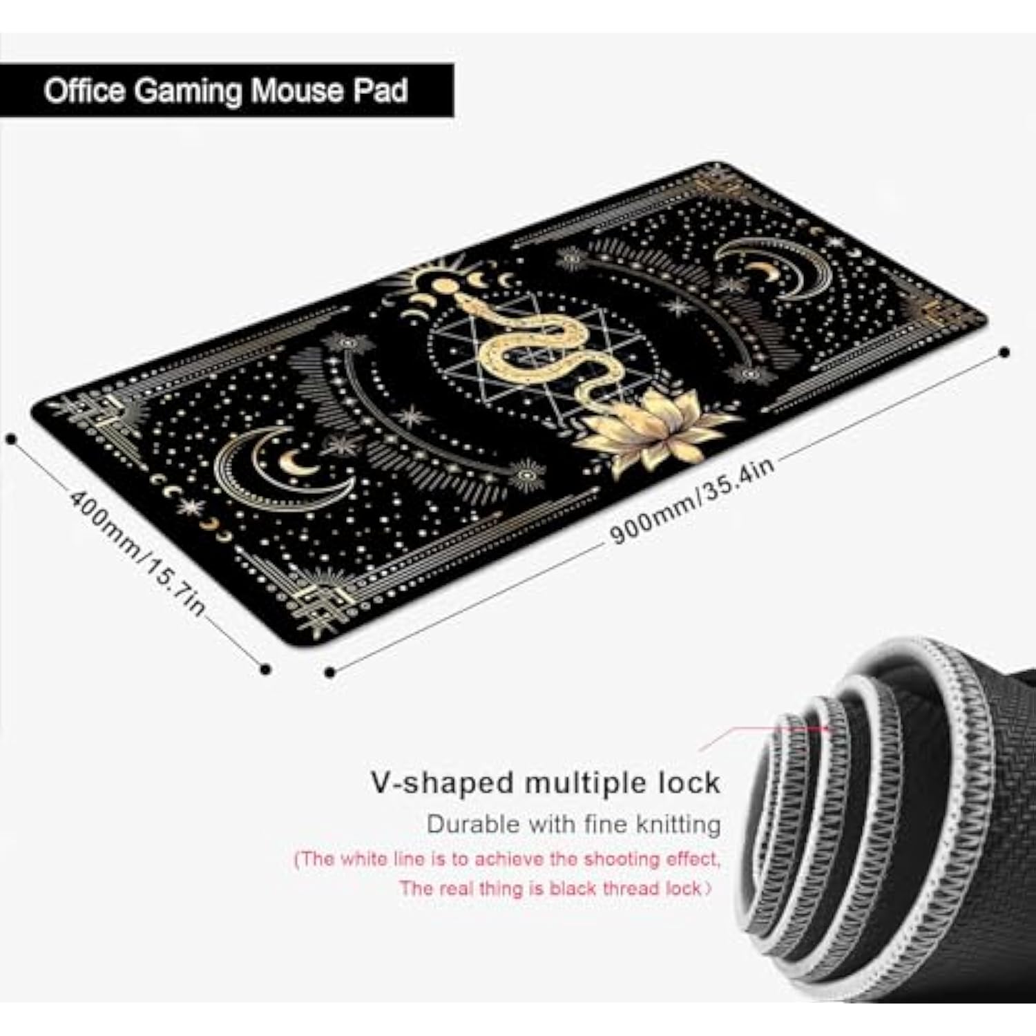 Black & Gold Large Mouse Pad, Boho Snake Witch Desk Mat For Desktop, Women Gaming Full Desk Mousepad, Moon Phases Computer Laptop Protector Writing Pad For School Office Home 35.4X15.7 In