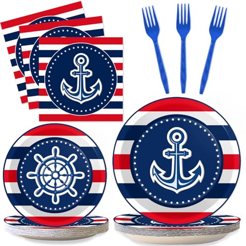 96 Pcs Nautical Anchor Party Plates Napkins Tableware Set Anchor Theme Supplies Disposable Dinnerware Sailor Boat Ship Decoration Favors for Navy Baby Shower Birthday, 24 Guests