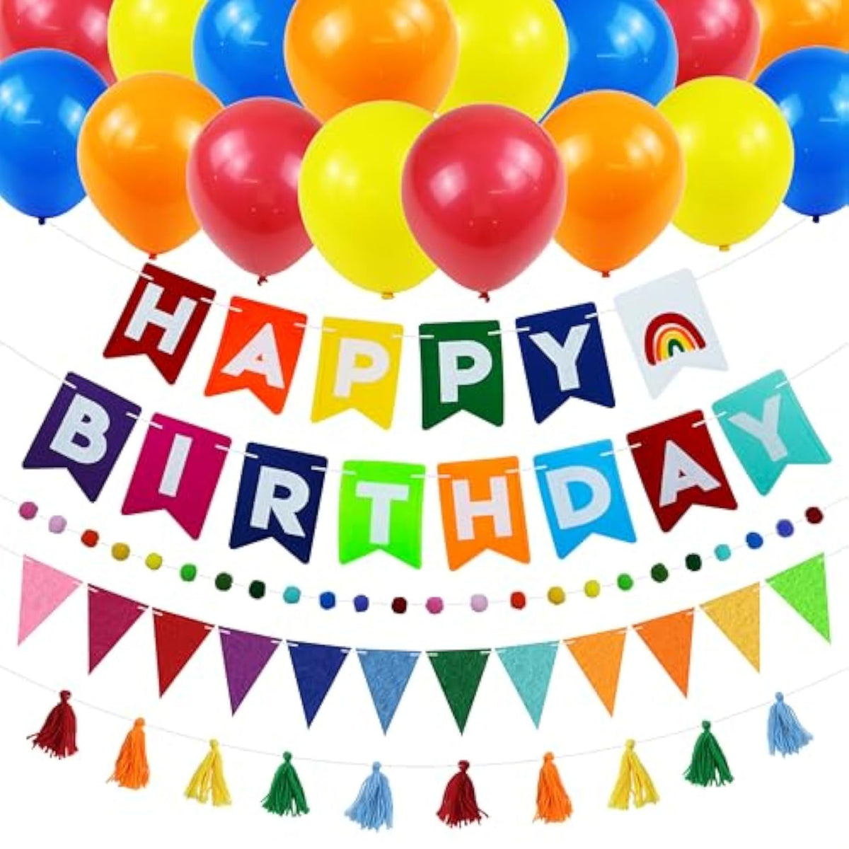 Pre-Strung Felt Happy Birthday Banner, Rainbow Theme Birthday Party Decoration Kit, Felt Pennant Banner Flag, Pompom Garland, Wool Tassel Garland, Red, Yellow, Blue And Orange Balloons,Reusable