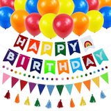 Pre-Strung Felt Happy Birthday Banner, Rainbow Theme Birthday Party Decoration Kit, Felt Pennant Banner Flag, Pompom Garland, Wool Tassel Garland, Red, Yellow, Blue And Orange Balloons,Reusable