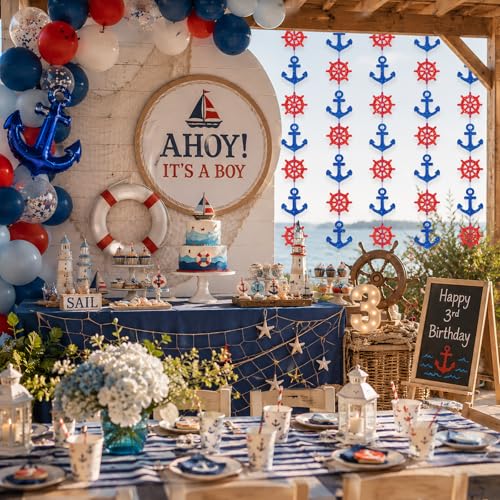 Cruise Ship Decoration, Nautical Birthday Decorations, Yacht Rock Party Decorations Navy Blue 4 Pack 240 Inch, Shiny Glitter Navy Boat Decorations for Party, Nautical Party Decorations