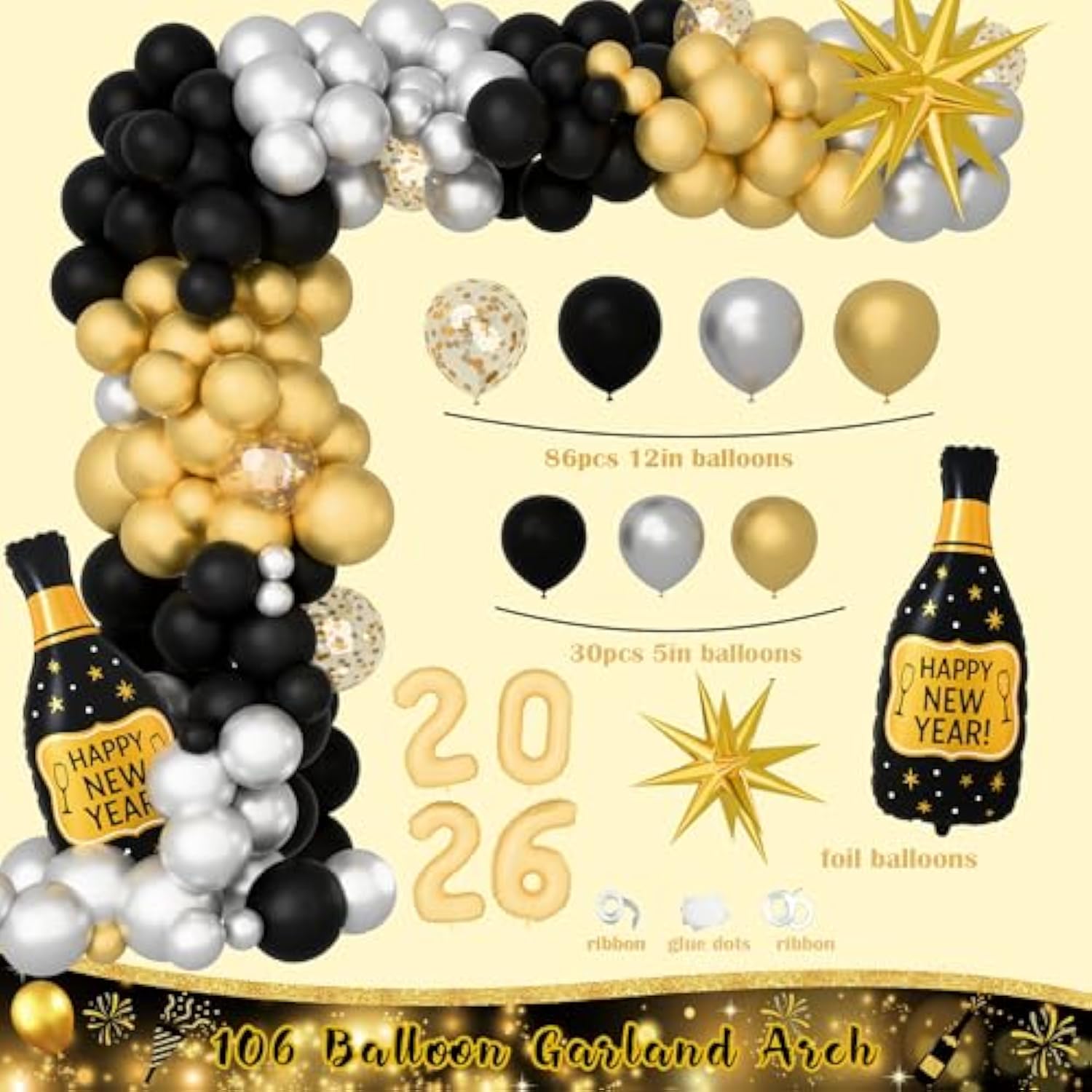 2026 Black Gold New Year Party Kit with Balloon Garland, Banner, Foil Balloons, and Toppers