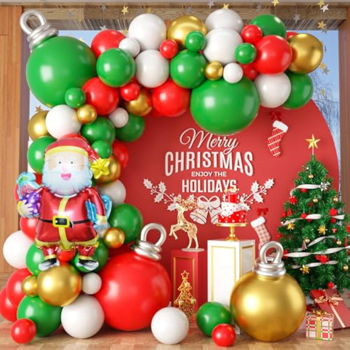 Christmas Balloon Arch Kit - Red, Gold, White, Green Garland With Bell Balloons And 40 Inch Santa Claus Foil Balloon For Xmas Party Decorations