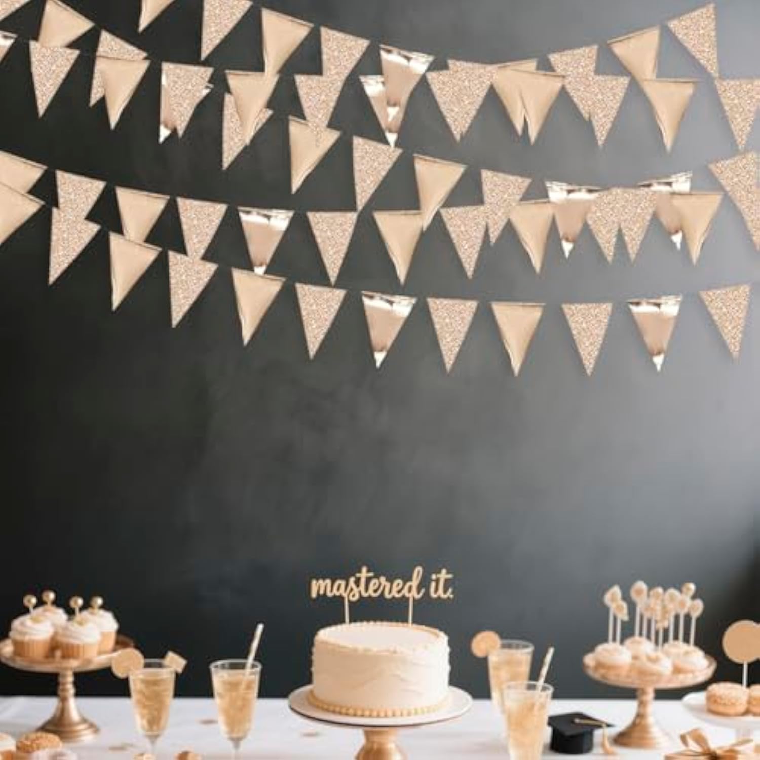 30 Ft Champagne Gold Double Sided Glitter Metallic Triangle Flag Bunti