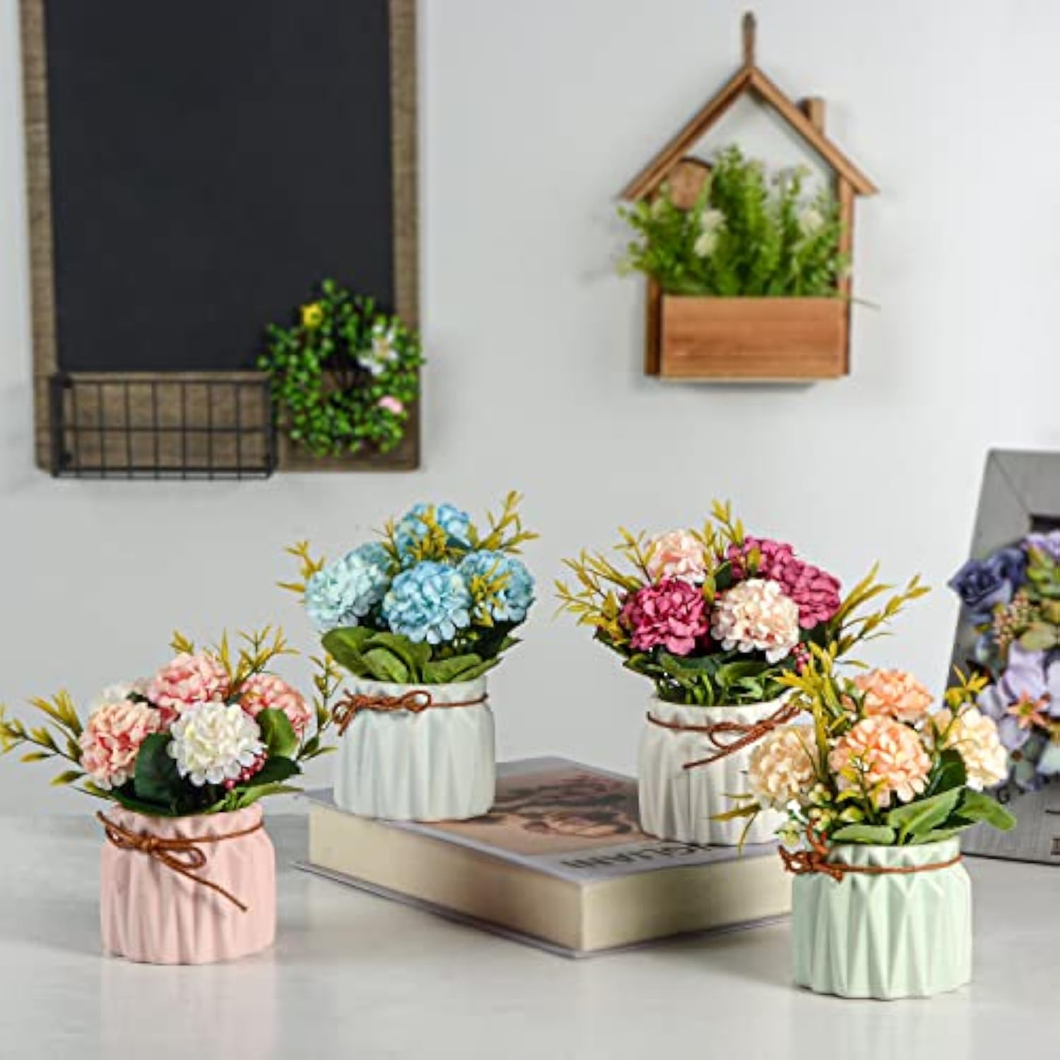 Artificial Flower Plants – Mini Fake Hydrangea Flowers In Pot For Home Decor Party Wedding Office Patio Table Desk Decoration, Set Of 4, Size: 3.3''(Diameter) X 5.5''(Tall)