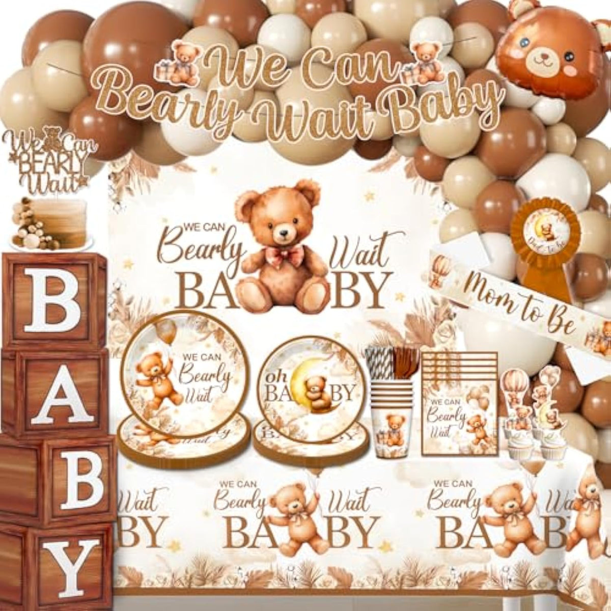 Bear Baby Shower Decorations, Brown Netural Balloon Arch Kit We Can Barely Wait Banner Plates Tablecloth Bear Baby Shower Decorations Brown Beige 249 Pcs