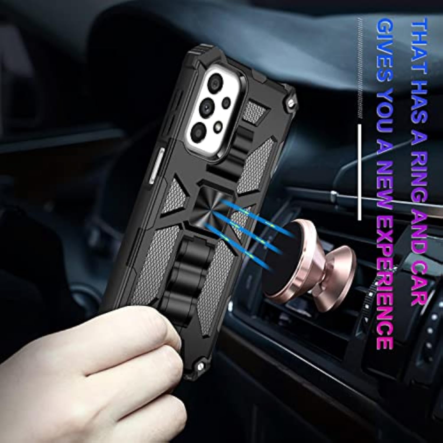Galaxy A23 5G/4G Case with Tempered Glass Screen Protector, Full Coverage, Built-in Kickstand, Car Magnetic Protective Cover for Women and Men, Blue Star Galaxy