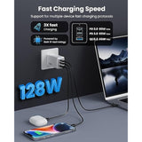 128W USB-C Wall Charger 3-Port GaN Fast Charging Foldable Adapter for MacBook iPad iPhone White