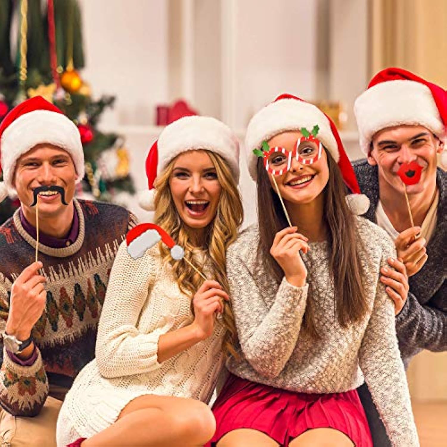 Christmas Photo Booth Props 32Pcs?Upgraded Version?, Merry Christmas Party Pose Sign, Red And Green Christmas Party Supplies Decorations For Kids Adults