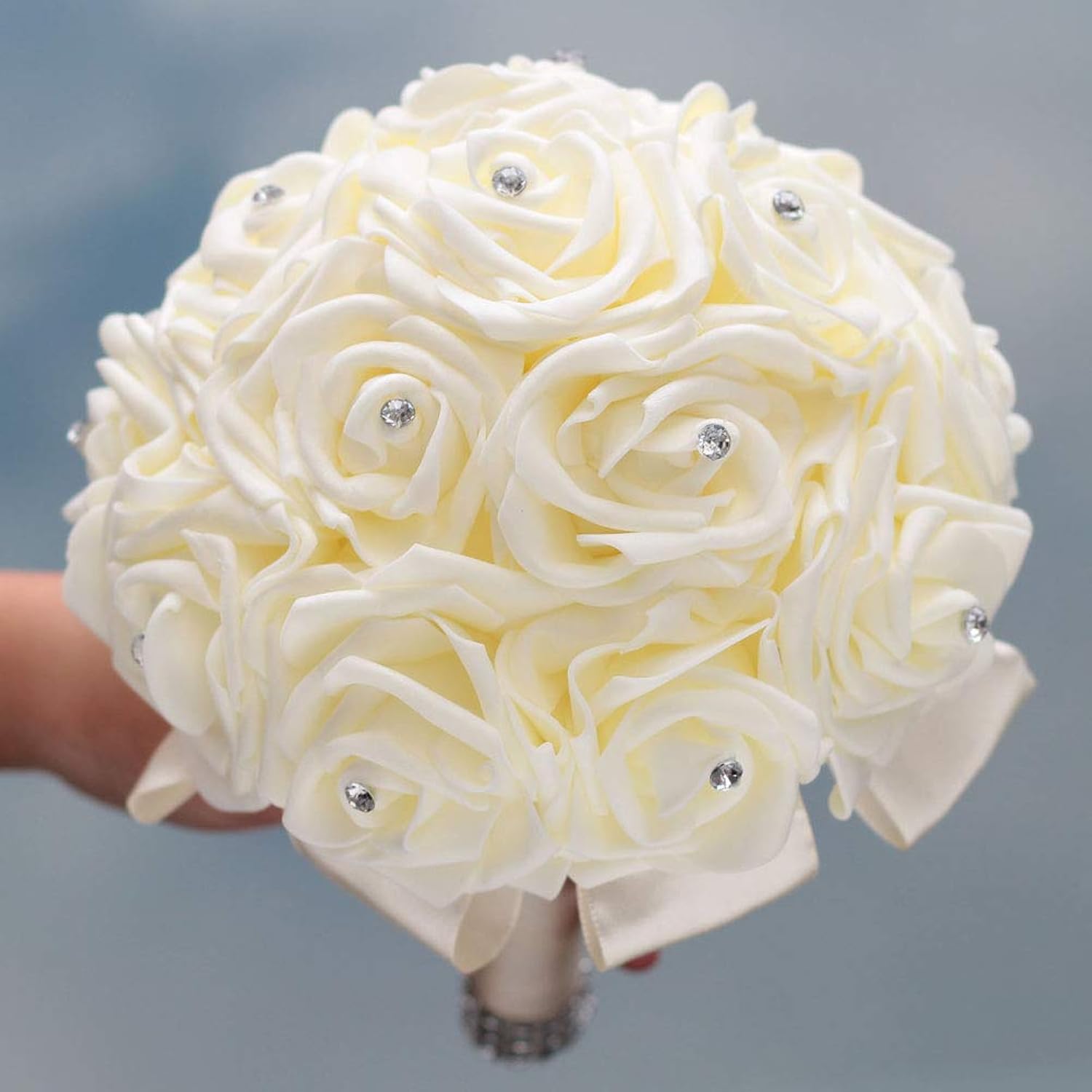 Ivory Cream Bouquet For Bride Bridesmaids With Diamond Soft Ribbons Artificial Pe Rose Bridal Holding Flowers For Wedding, Party And Church(Dia:8.26Inchh:10Inch Ivory W2018)…