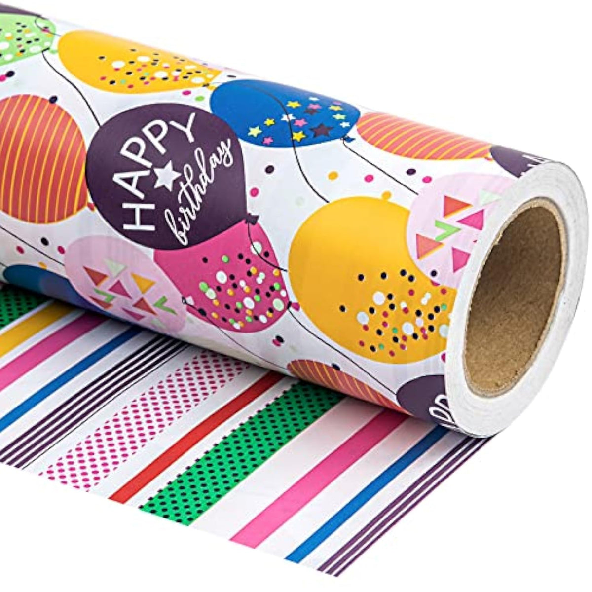 Reversible Birthday Wrapping Paper, 17"x33', Colorful Balloon & Confetti Design
