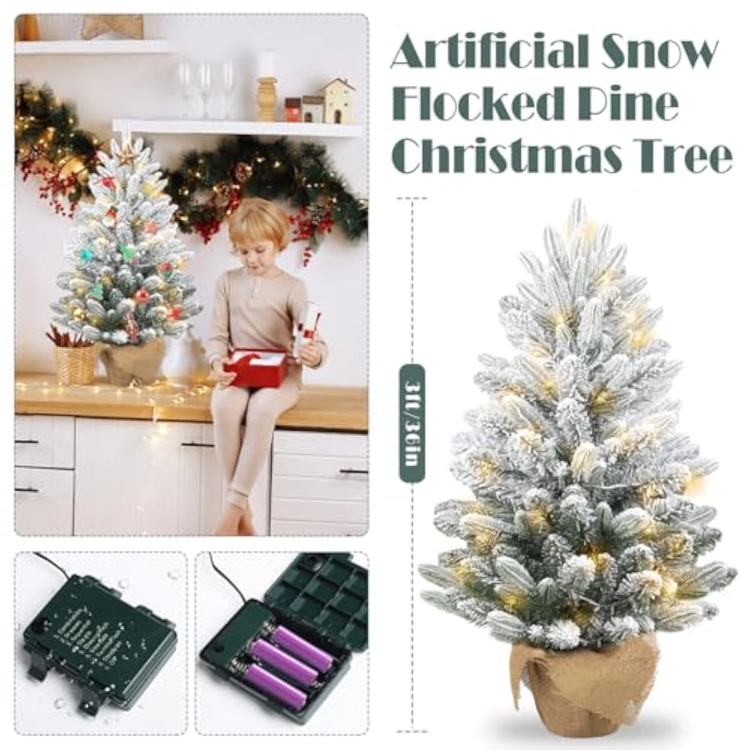 3Ft Flocked Prelit Christmas Tree With 60 Led Lights & 8 Lighting Modes, Small Battery Powered Tabletop Xmas Tree For Indoor Holiday Décor, Mini Artificial Snow Tree With Burlap Base