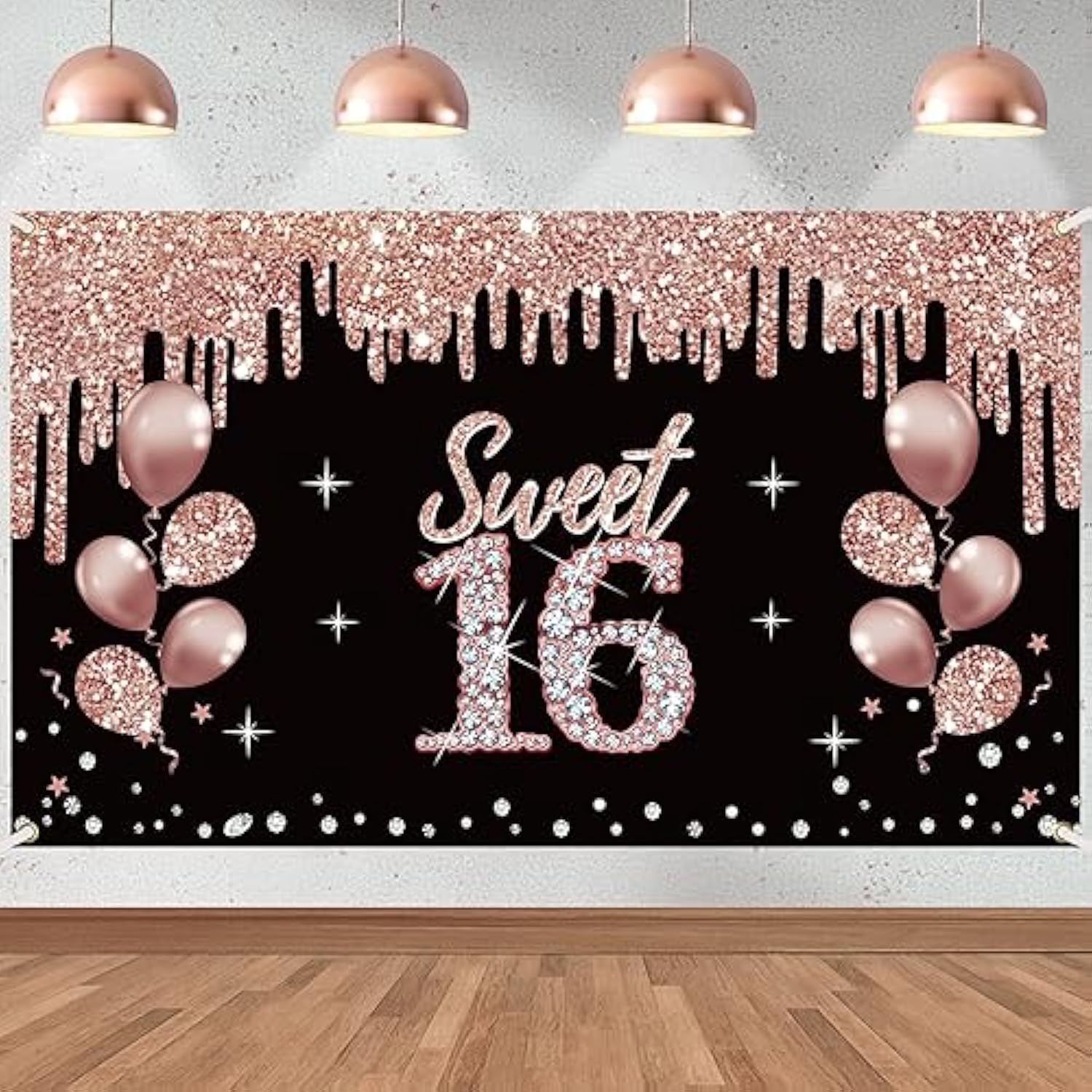 Rose Gold Sweet 16 Birthday Banner for Girls, Photo Booth Party Supplies