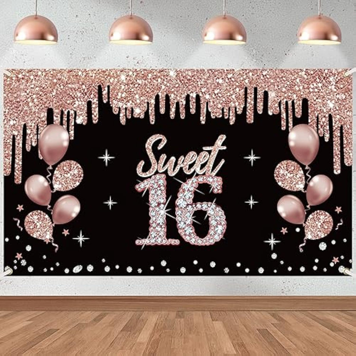 Rose Gold Sweet 16 Birthday Banner for Girls, Photo Booth Party Supplies