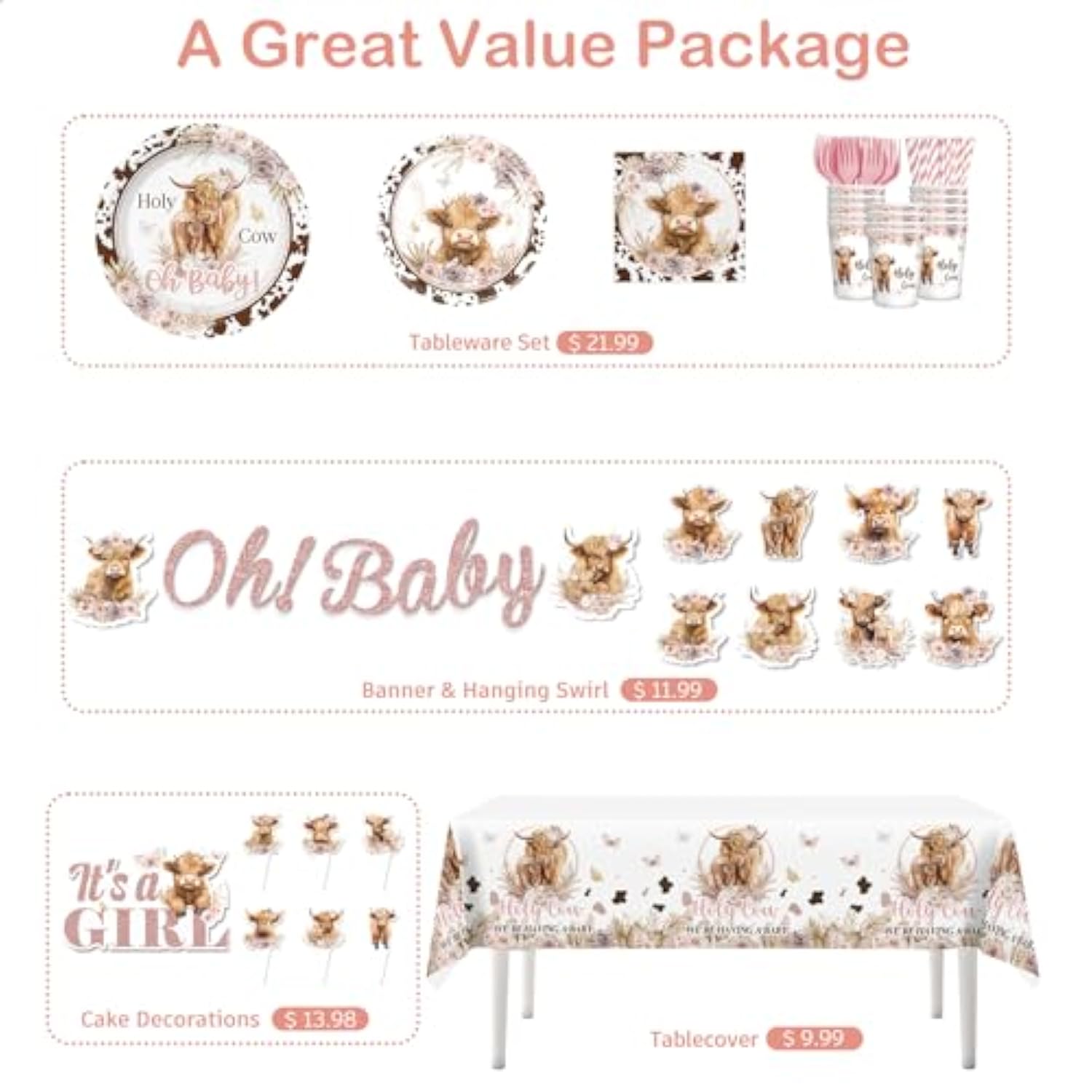 174Pcs Highland Cow Baby Shower Decorations Tableware, Serves 25 Guests, Cow Baby Shower Decorations Includes Banner Cake Topper Plates And Napkins Etc, For Girls Highland Cow Theme Party