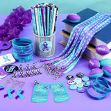 400 Pcs/40 Sets Suicide Prevention Awareness Teal Purple Ribbon Supply Include Wristband Bracelets Keychain Pencil Cutout Lanyard Button Pin Rugby Sticker For Charity Fundraise Party Favor