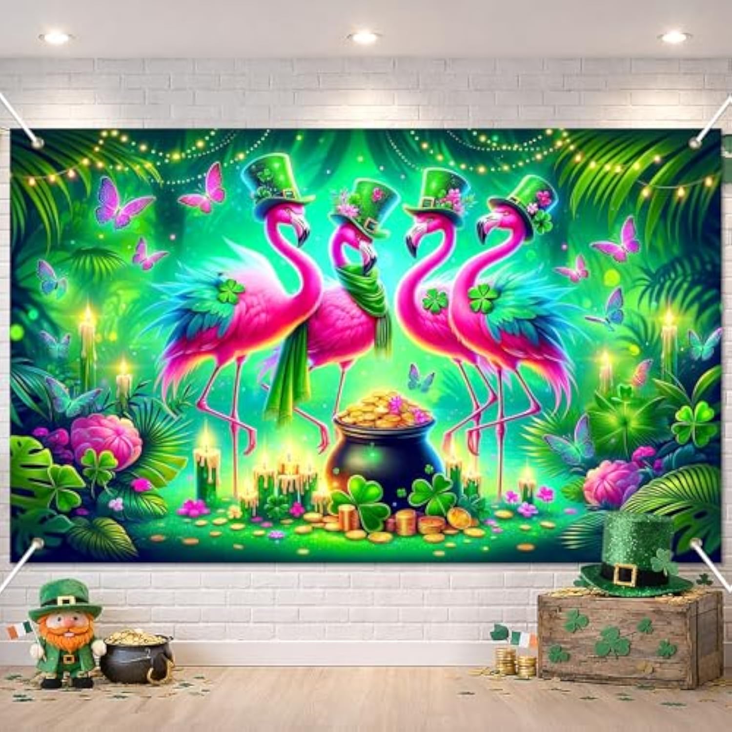 St. Patrick'S Day Banner 71X43 Inch Green Party Banner Backdrop With Pink Flamingos Clover Hats Gold Coins Butterflies And Jungle Style Scene For St. Patrick'S Decoration Photo Background
