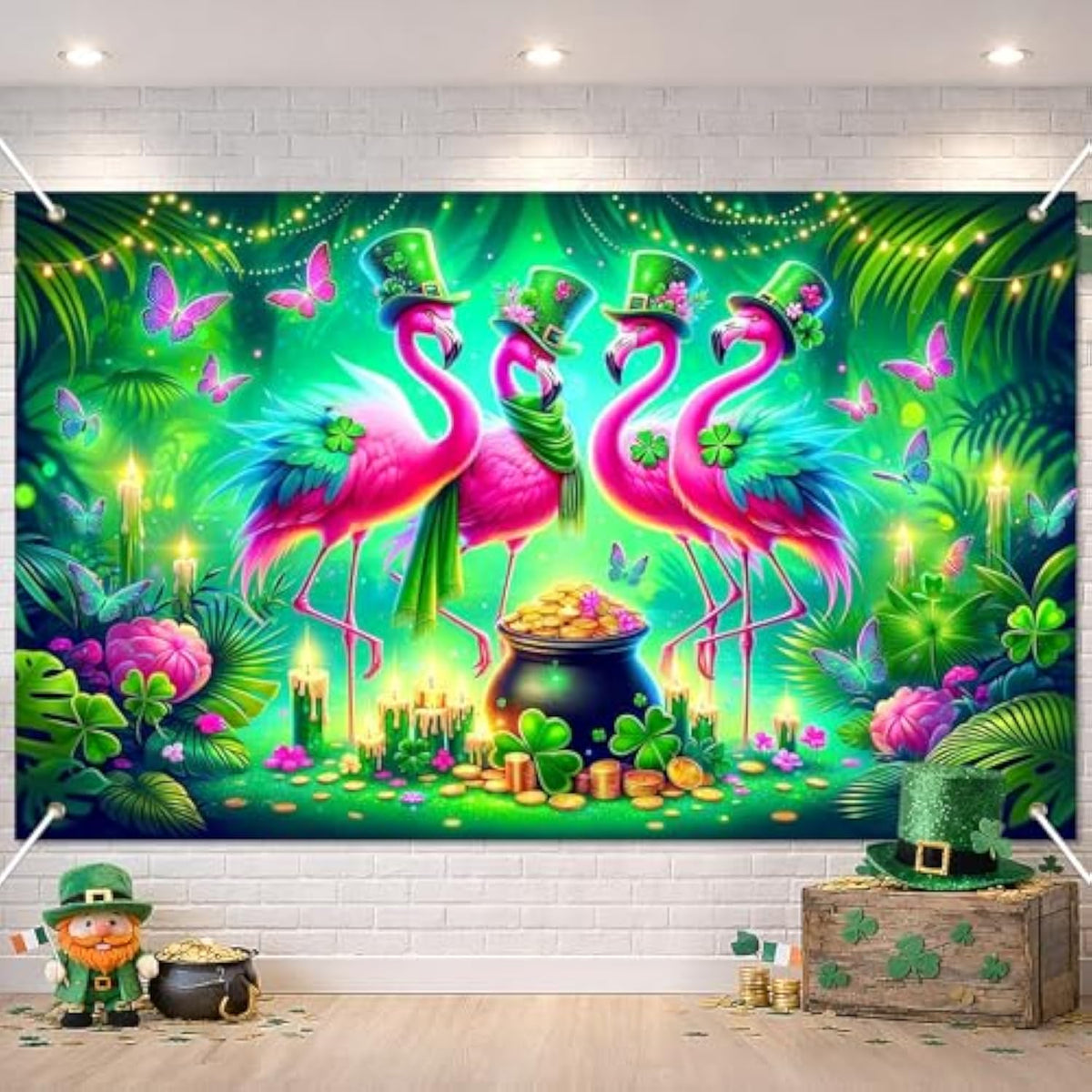 St. Patrick'S Day Banner 71X43 Inch Green Party Banner Backdrop With Pink Flamingos Clover Hats Gold Coins Butterflies And Jungle Style Scene For St. Patrick'S Decoration Photo Background