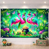 St. Patrick'S Day Banner 71X43 Inch Green Party Banner Backdrop With Pink Flamingos Clover Hats Gold Coins Butterflies And Jungle Style Scene For St. Patrick'S Decoration Photo Background